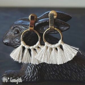 Hand-crafted gold tone natural thread fan fringe hoops